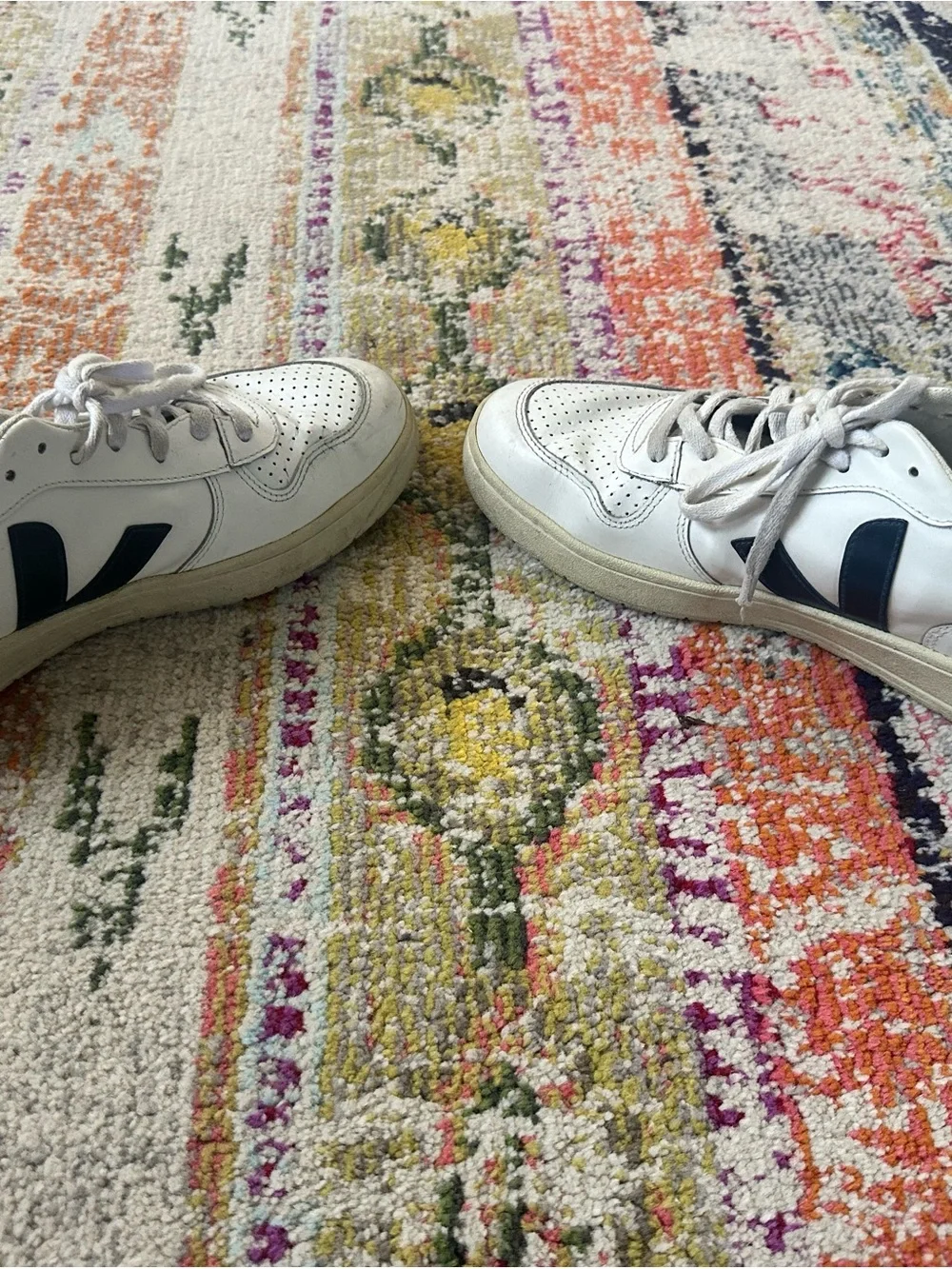 Veja Men's White Leather Sneakers with Navy V and Red Heel